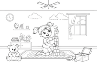 A girl building a tall tower of blocks – Kids' Activities coloring page