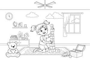 A girl building a tall tower of blocks – Kids' Activities coloring page