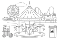 A merry-go-round with horses going up and down under a striped roof – Thrilling Amusement Park coloring page