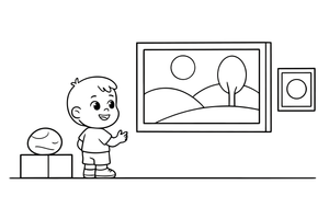 A child looking at a large painting in a gallery – Historic Museum Places coloring page