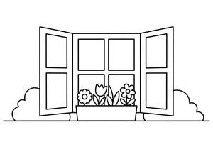 A close-up of a cottage window with shutters and a flower box – Cottages coloring page