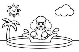 Poodle splashing in a backyard pool – Poodle Dog Outdoor Fun coloring page
