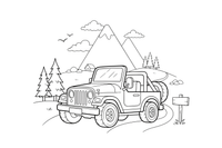 A jeep with a spare tire on the back, parked by the mountains – Different cars coloring page
