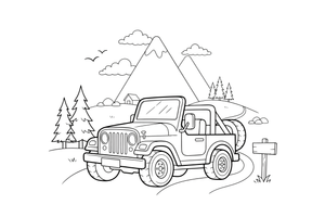 A jeep with a spare tire on the back, parked by the mountains – Different cars coloring page