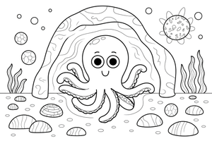 A curious octopus peeking out of an underwater cave – Octopus coloring page