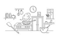 A pancake being flipped in a pan – Cozy Kitchen Cooking coloring page