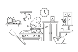 A pancake being flipped in a pan – Cozy Kitchen Cooking coloring page