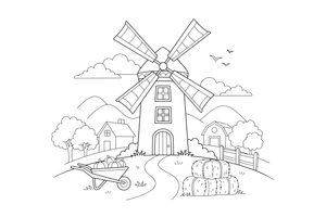 A tall windmill with a little door and windows – Windmill coloring page