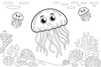 A jellyfish floating past a coral reef – Glowing Jellyfish coloring page