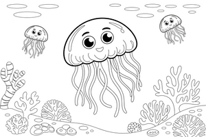 A jellyfish floating past a coral reef – Glowing Jellyfish coloring page