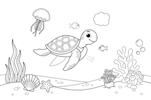 A sea turtle with a patterned shell (outlined, no fill) gliding underwater – Gentle Sea Turtle coloring page