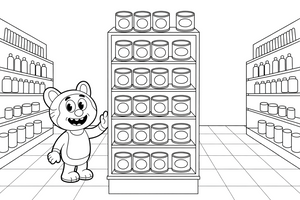Tall shelves stacked with cans and boxes – Cozy Grocery Store coloring page