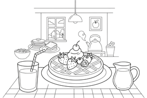 A waffle topped with berries and a dollop of cream – Classic Breakfast coloring page