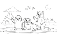 A penguin, a seal and a polar bear on the ice together – Arctic Animals coloring page