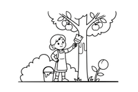 A woman painting the trunk of an apple tree white up to a certain height (whitewashing) – Garden & Gardening coloring page