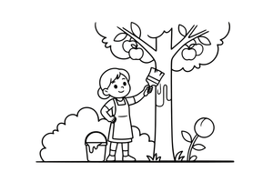 A woman painting the trunk of an apple tree white up to a certain height (whitewashing) – Garden & Gardening coloring page