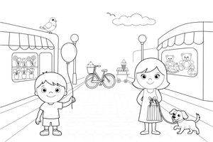 A busy shopping street with shop windows and people – Vibrant City Places coloring page