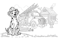 A Dalmatian sitting next to a fire truck – Dalmatian coloring page