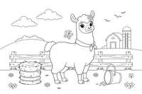A llama by a fence on a farm – Llama coloring page