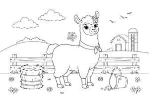 A llama by a fence on a farm – Llama coloring page