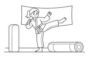 A martial artist girl doing a jumping kick – Martial arts Fighters coloring page