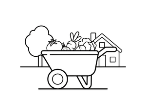 A wheelbarrow full of vegetables by the house – Farmhouse coloring page