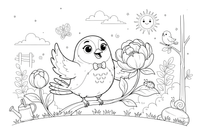 Peony a bird perched by a flower – Peony Flower Display coloring page