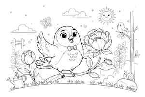 Peony a bird perched by a flower – Peony Flower Display coloring page