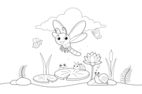 A dragonfly hovering above a lily pad with a flower – Insects & Bugs Insect coloring page