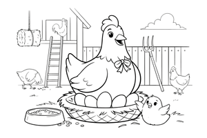 A hen sitting on a nest of eggs – Chicken Family Life coloring page