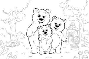 Three bears standing together: a big one, a middle one and a little one – Goldilocks and the Three Bears Story coloring page