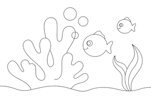 One big coral branch up close, filling the page, with two round fish beside it – Magical Underwater World coloring page