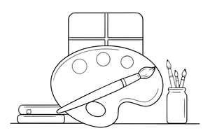 A palette with a paintbrush across it – Classic School & Art Supplies coloring page
