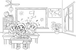 A child raising their hand at a desk – School coloring page