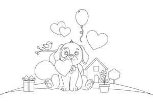 A puppy holding a big heart in its mouth – Valentine's Day coloring page