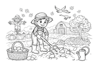 A person digging potatoes out of the ground with a garden fork – Autumn Harvest coloring page