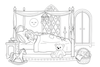 A princess sleeping peacefully in a big bed – Fairytale Stories coloring page