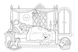 A princess sleeping peacefully in a big bed – Fairytale Stories coloring page