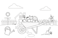 A wheelbarrow full of vegetables by the house – Farmhouse coloring page