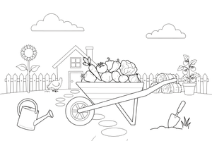 A wheelbarrow full of vegetables by the house – Farmhouse coloring page