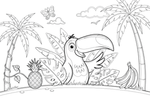 A toucan peeking out from the leaves – Toucan coloring page