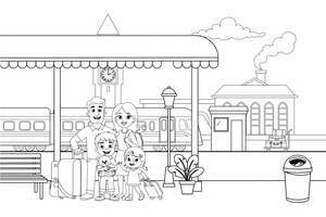 A family with suitcases standing on the platform – Travel & Journeys Place coloring page