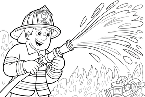 A firefighter spraying water with a hose – Fire Station coloring page