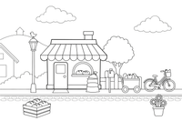 A cute bakery shop with a striped awning – Cozy Bakery Place coloring page