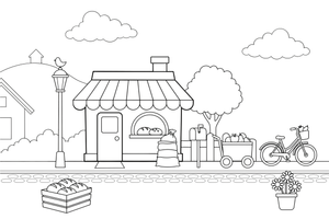 A cute bakery shop with a striped awning – Cozy Bakery Place coloring page