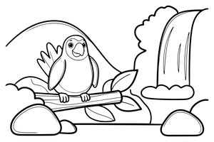 A parrot on a branch by a waterfall – Parrot Bird coloring page