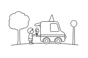 An ice cream truck with a child buying a cone – Delightful Sweets coloring page