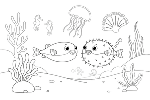 A pufferfish before and after puffing up – Fishes coloring page