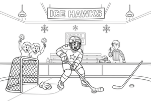 A hockey player skating with the puck – Dynamic Hockey Scenes coloring page