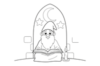 A wizard reading a big spell book by candlelight in a tower – Enchanted Magic Folk Fairytale Characters coloring page